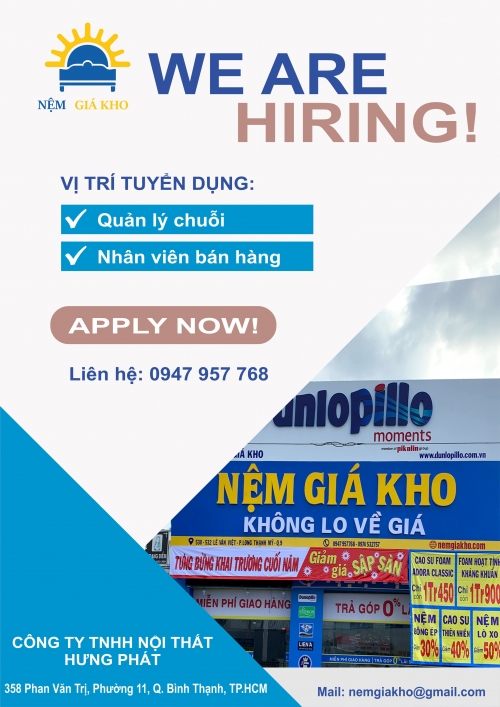 Nệm giá kho tuyển dụng cửa hàng trưởng quản lý các cửa hàng khu vực Thành phố Hồ Chí Minh, các tỉnh miền Đông và miền Tây