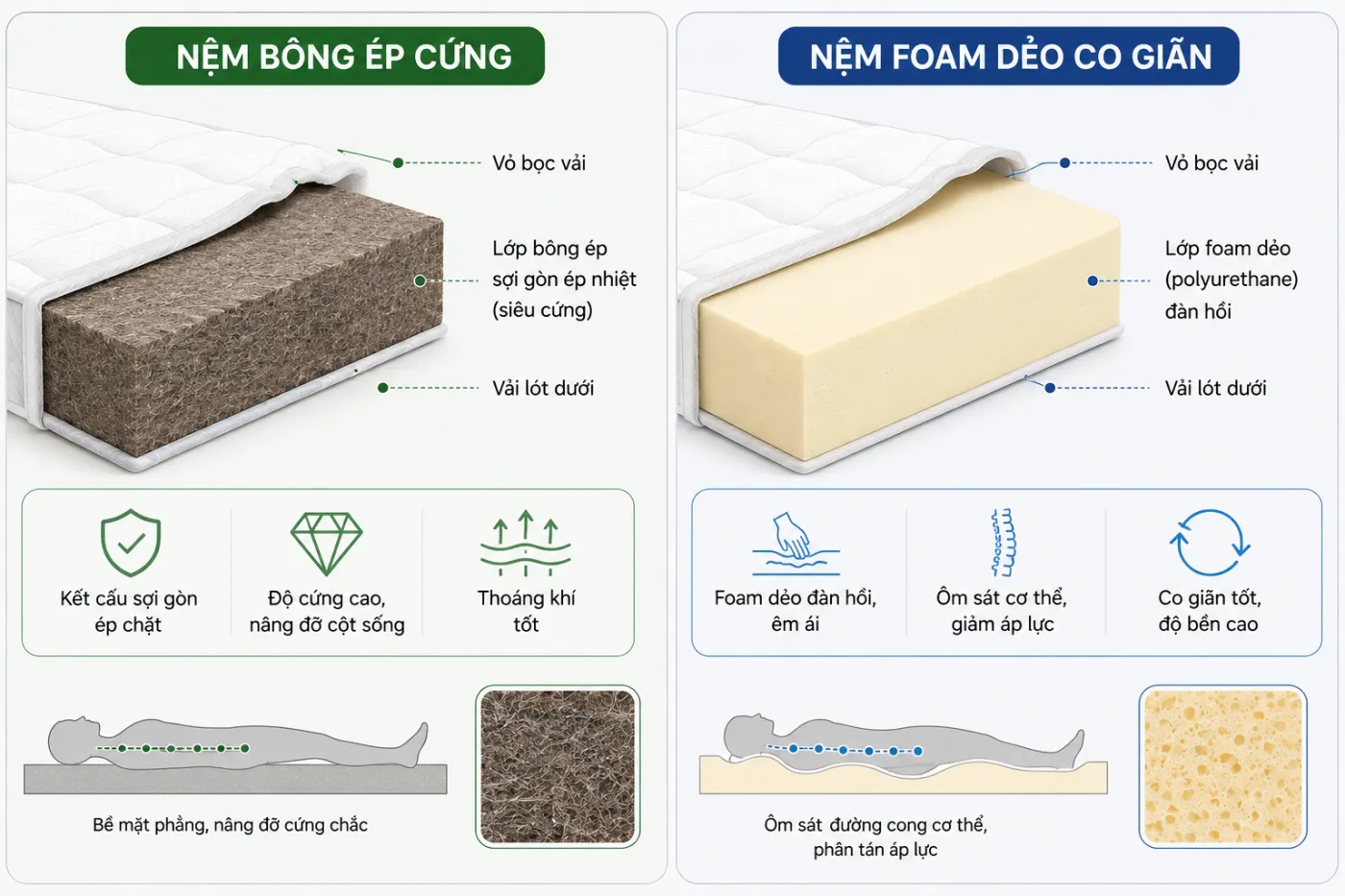 So sánh nệm bông ép và nệm foam, nên chọn loại nào cho giấc ngủ tốt hơn 3 So sánh nệm bông ép và nệm foam, nên chọn loại nào cho giấc ngủ tốt hơn